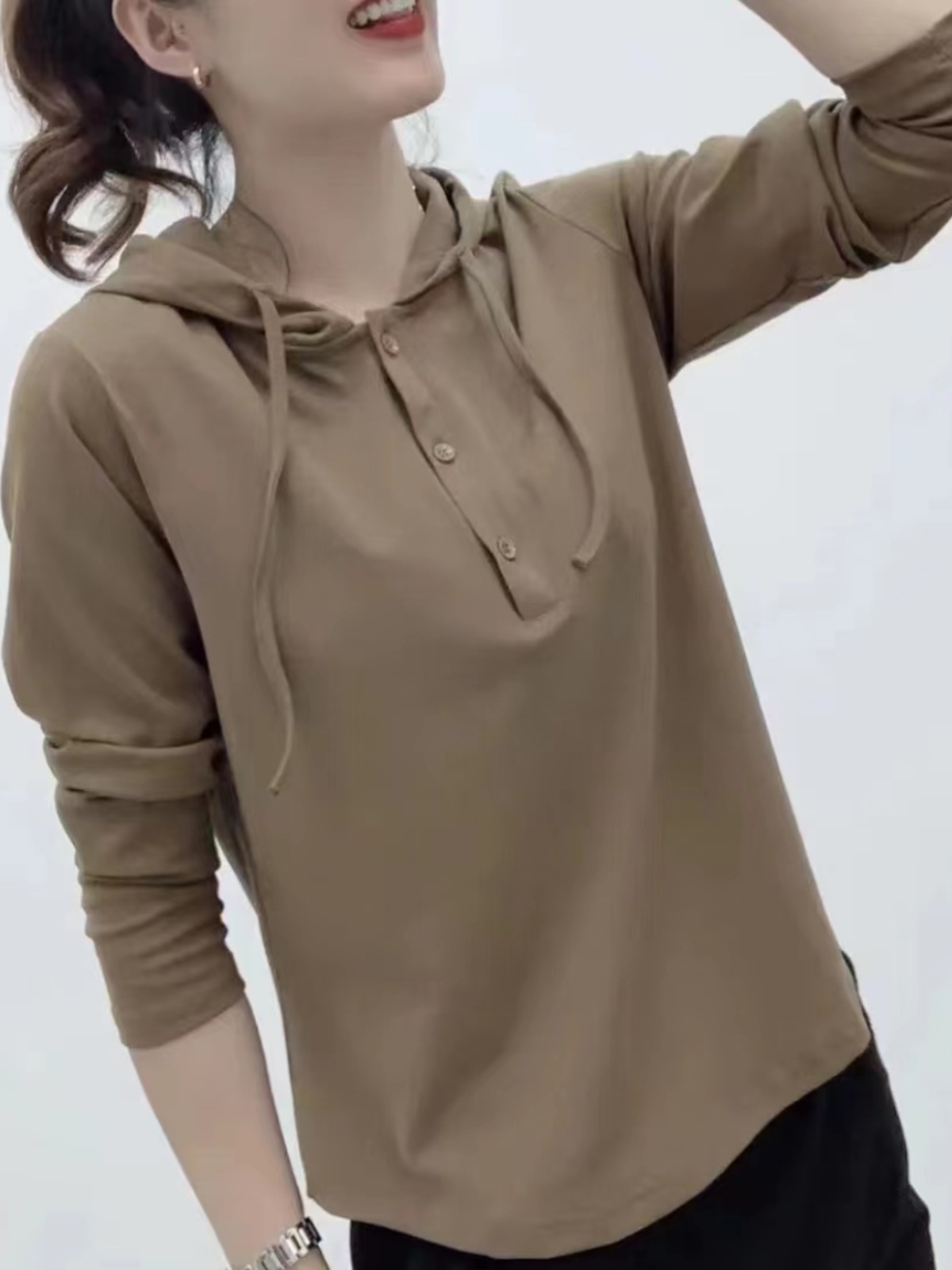 シンプルファッション フロントボタン付きシンプルパーカー
