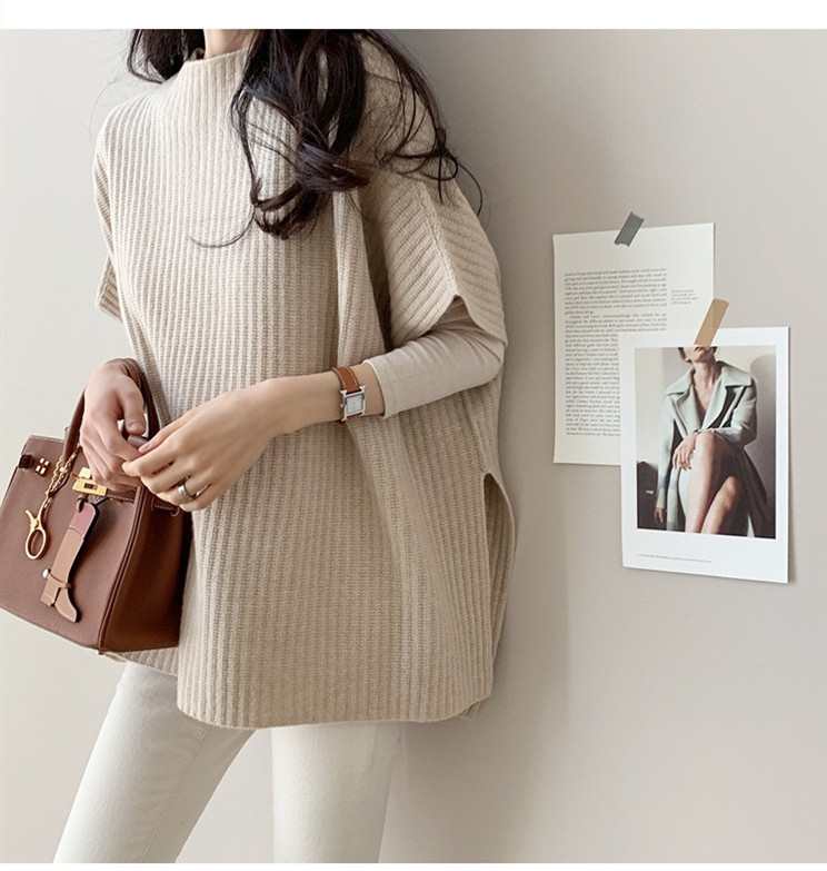 シンプルファッション 4色展開 リブニットマント ゆったりトップス 無地 体型カバー