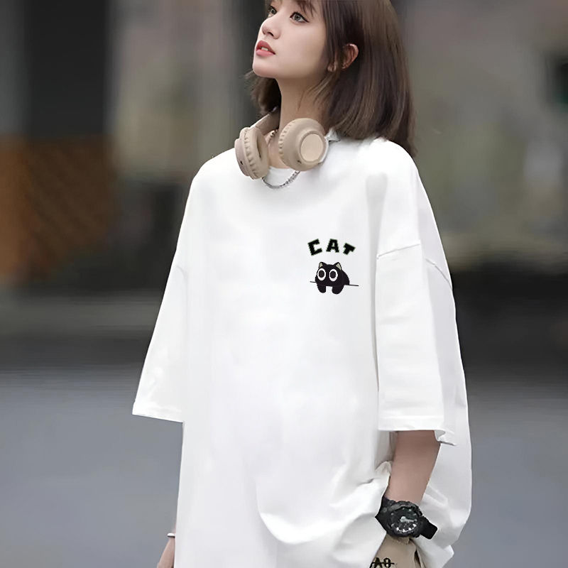 シンプルファッション ゆったり五分袖コットンサイドプリントTシャツ