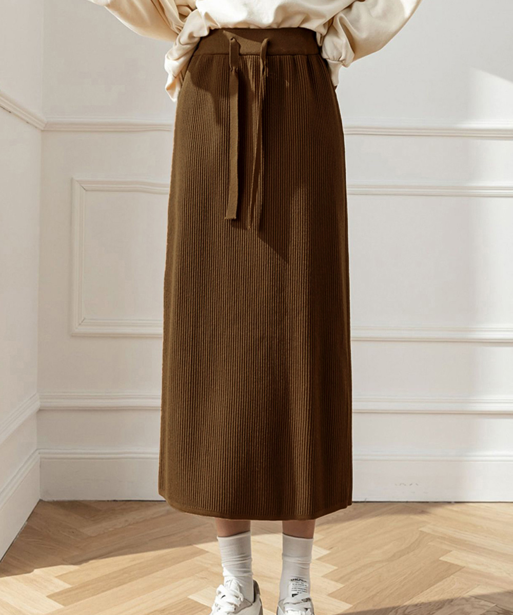 シンプルファッション パンツ リブニット ロングスカート ミモレ丈 秋冬