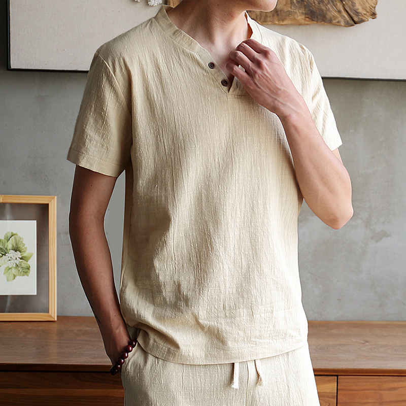 シンプルファッション リネン混デザインヘンリーネックシャツ