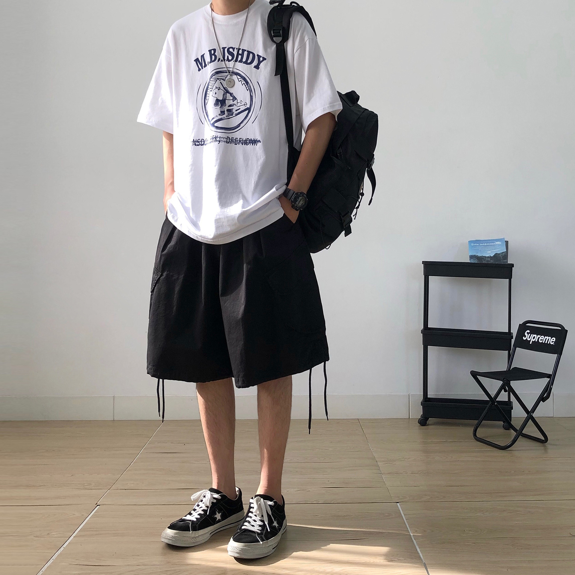シンプルファッション ユニセックスワイドカーゴハーフパンツ