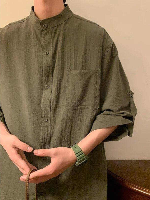 シンプルファッション スタンドカラー麻混紡七分袖シャツ