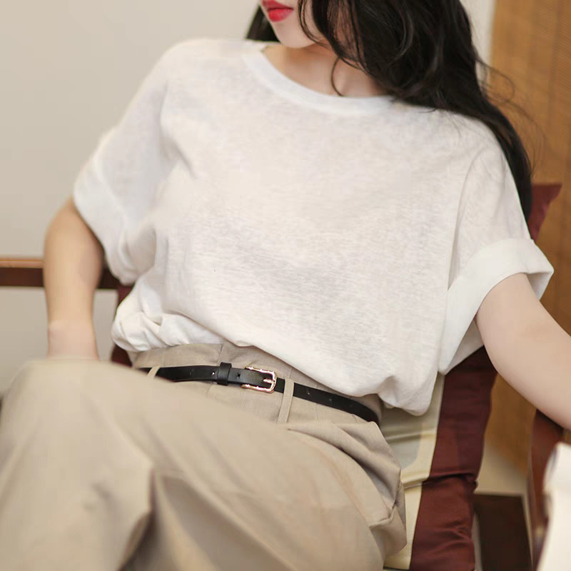 シンプルファッション 麻混素材ドルマン袖リラックスフィットTシャツ
