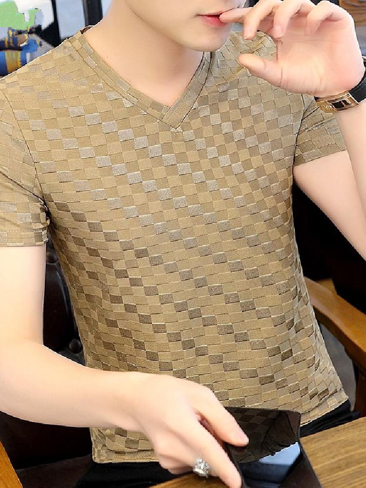 シンプルファッション 格子柄ジャカード編み半袖Tシャツ