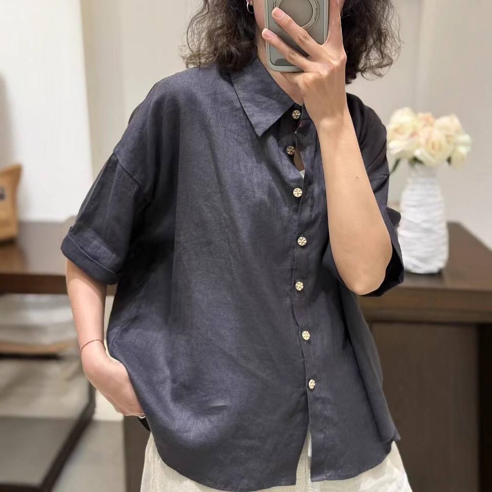シンプルファッション リネン素材半袖シャツ 上品シンプルデザイン