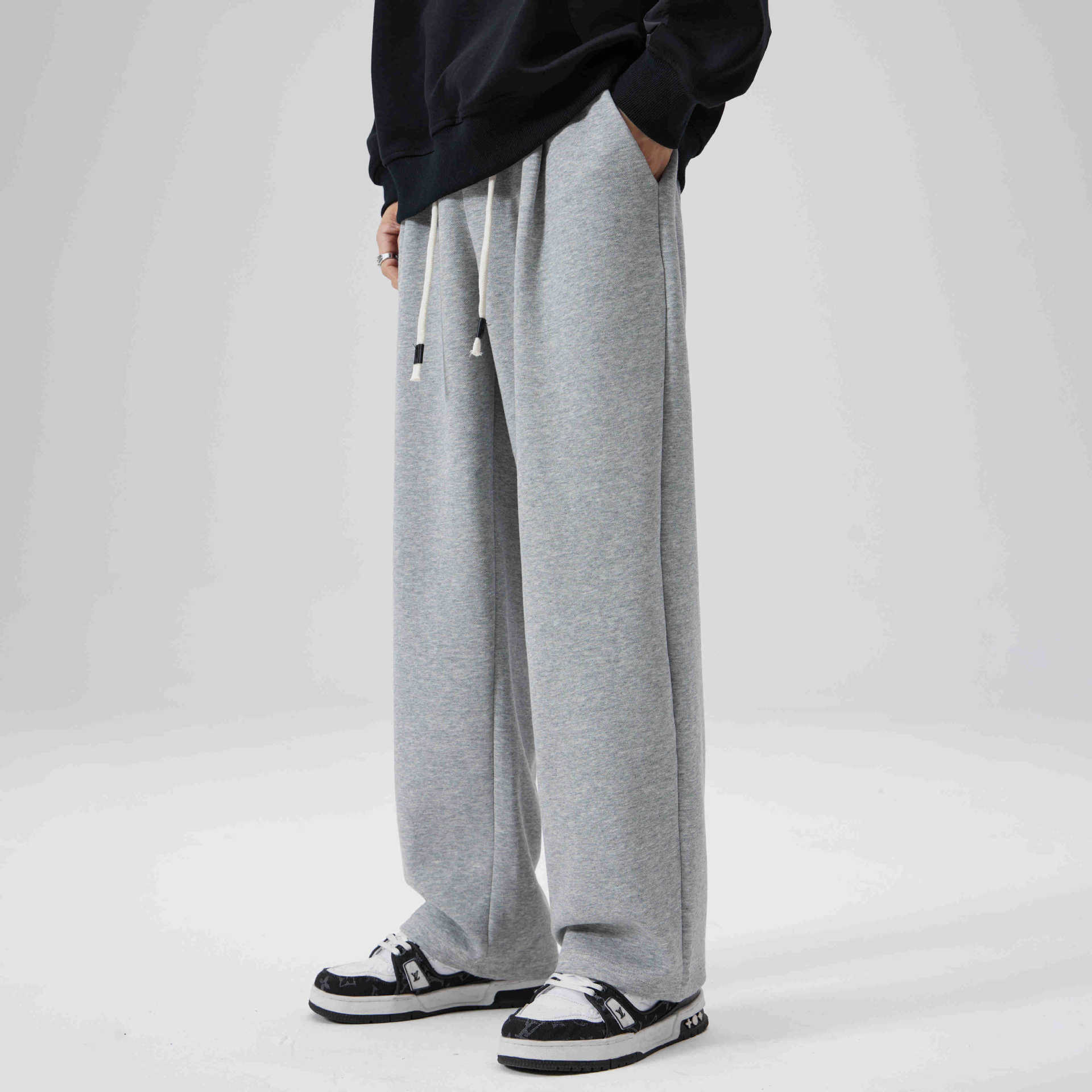 シンプルファッション ドローコード付きゆったりストレートパンツ