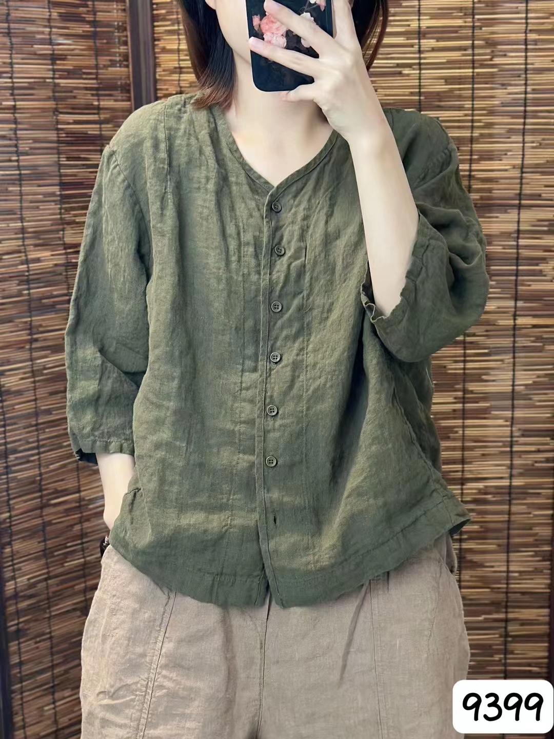 シンプルファッション リネンVネックシャツ 前開きゆったりブラウス