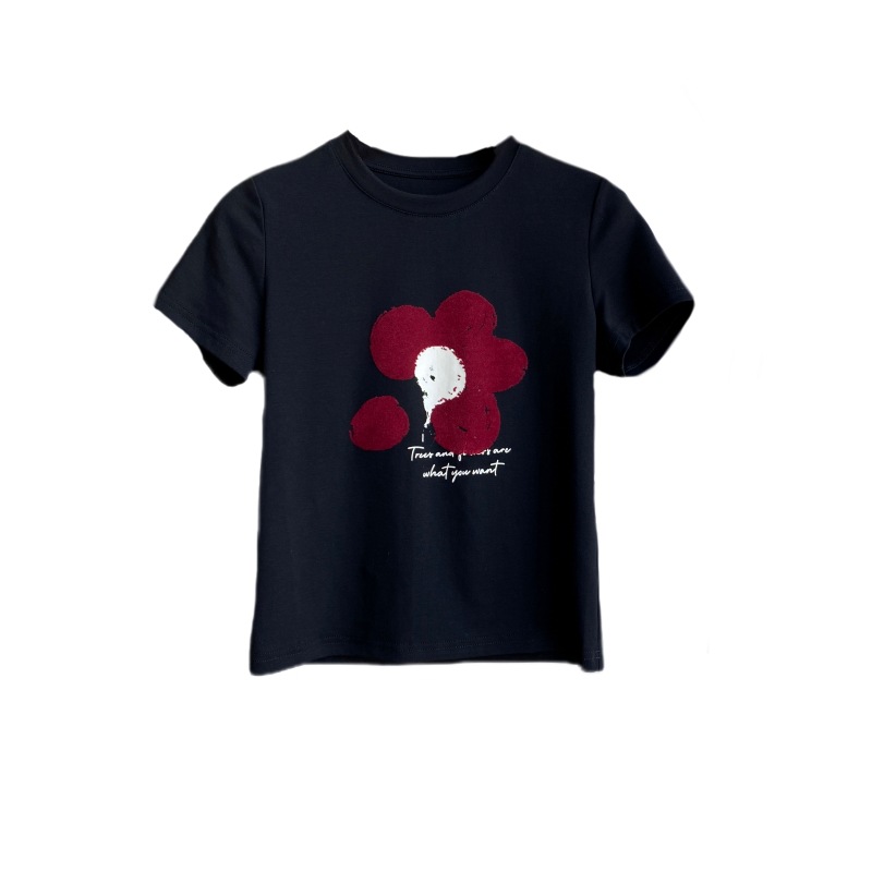 シンプルファッション 植毛花柄プリント半袖Tシャツ