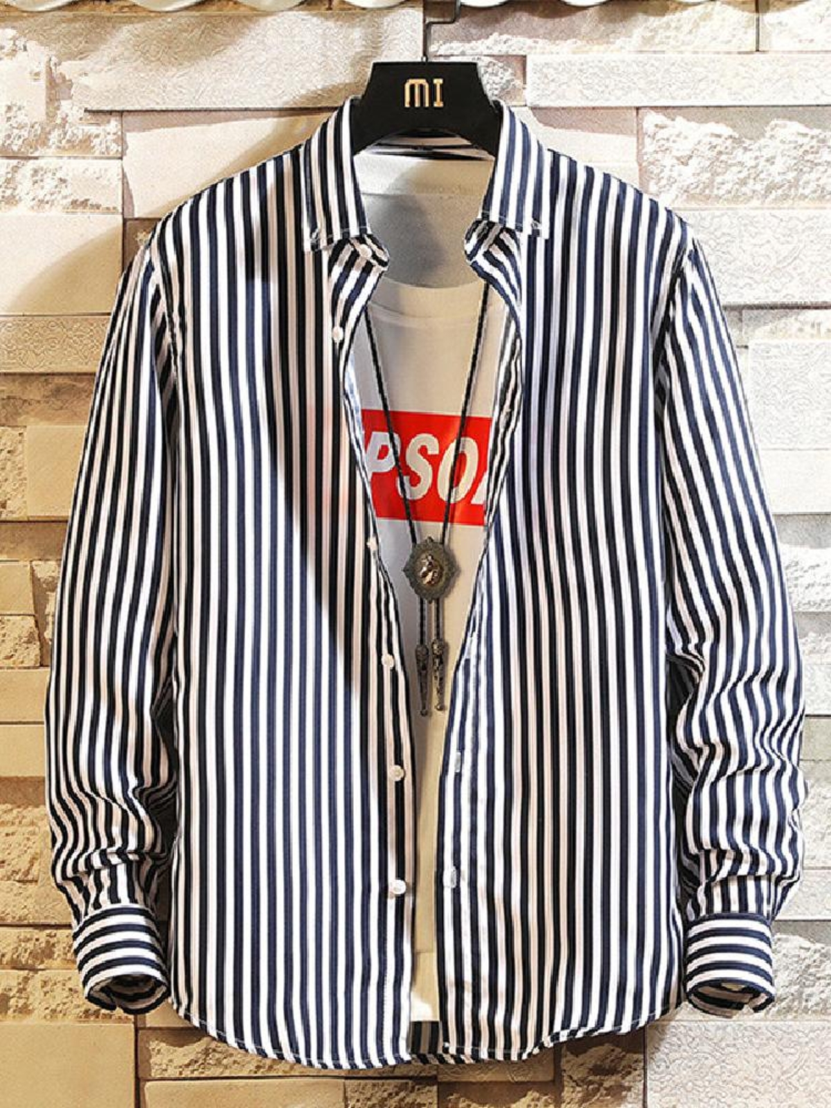 シンプルファッション モダンストライプ柄長袖シャツ