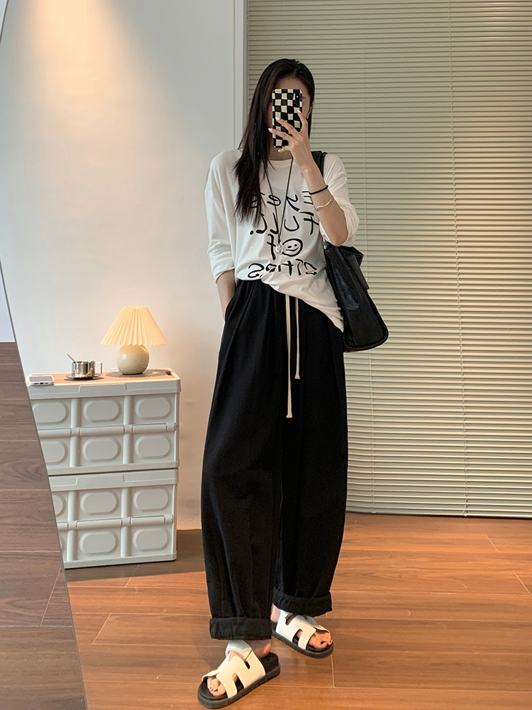 シンプルファッション リネン混紡ワイドパンツ