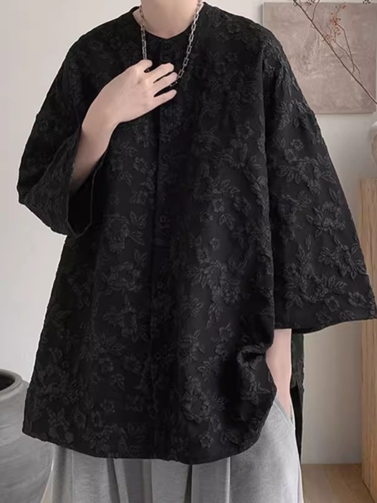シンプルファッション 立体花柄ノーカラーシャツ サイドスリット