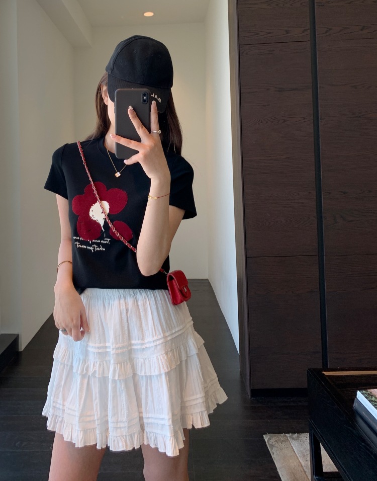 シンプルファッション 植毛花柄プリント半袖Tシャツ