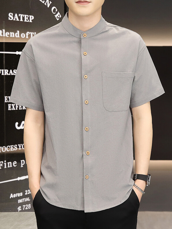 シンプルファッション スタンドカラー半袖シャツ 綿素材