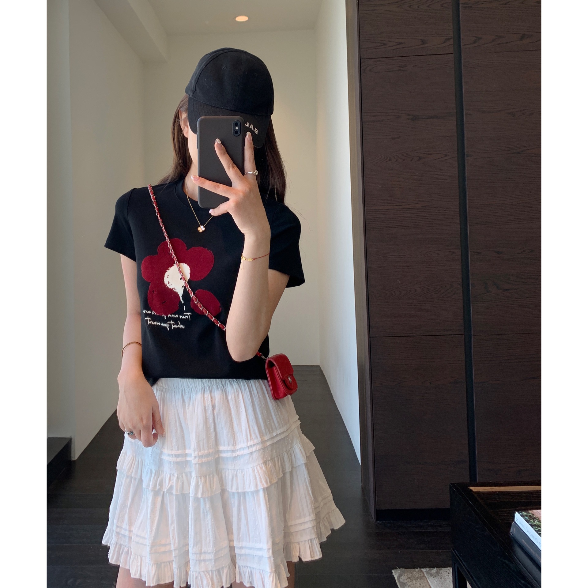 シンプルファッション 植毛花柄プリント半袖Tシャツ