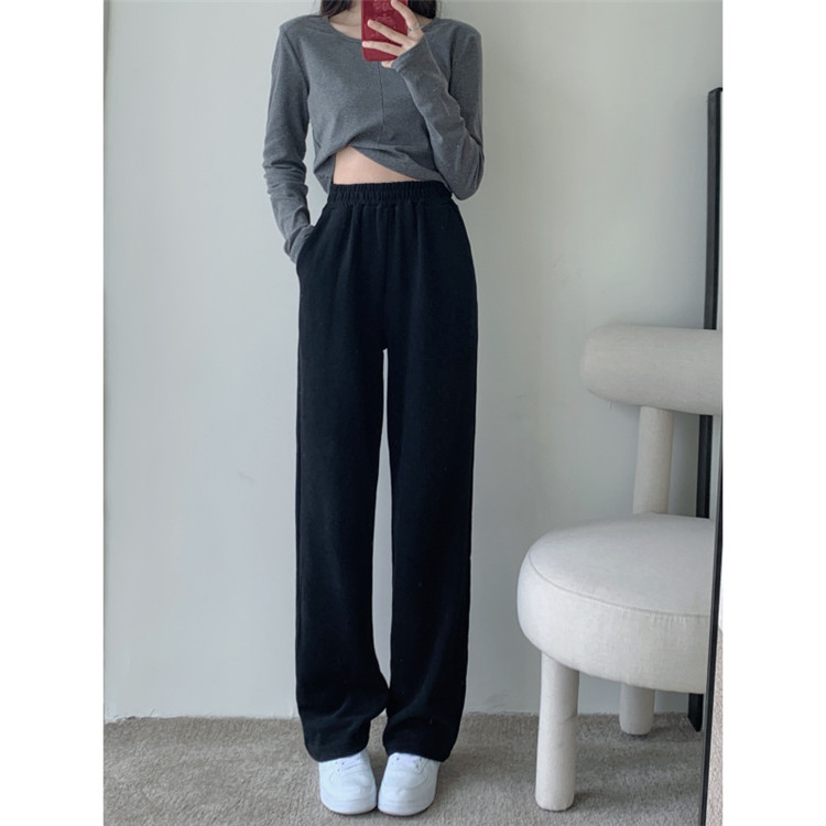 シンプルファッション シンプル ワイドレッグパンツ ハイウエスト 伸縮素材