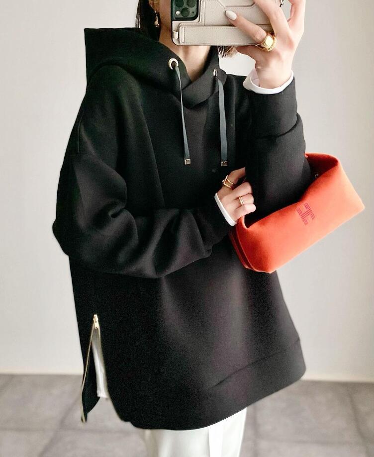 シンプルファッション 無地フード付きパーカー 体型カバー 長袖トップス