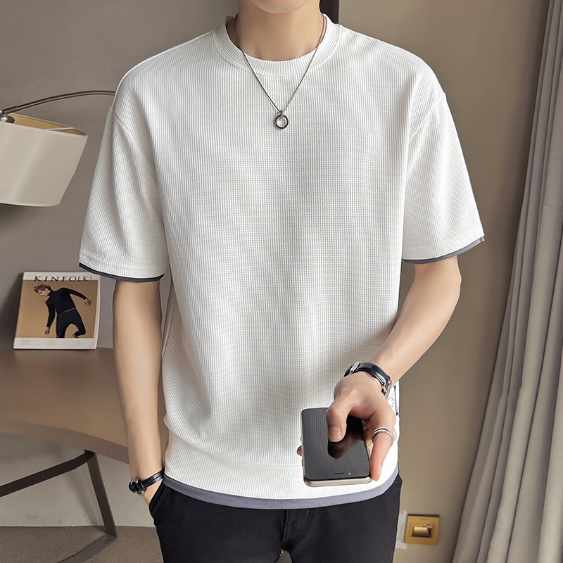シンプルファッション レイヤード風ワッフル半袖トップス