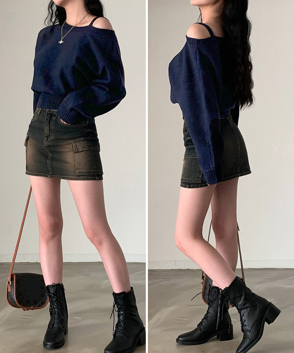 シンプルファッション ワンショルダーニットトップス肩見せ秋冬