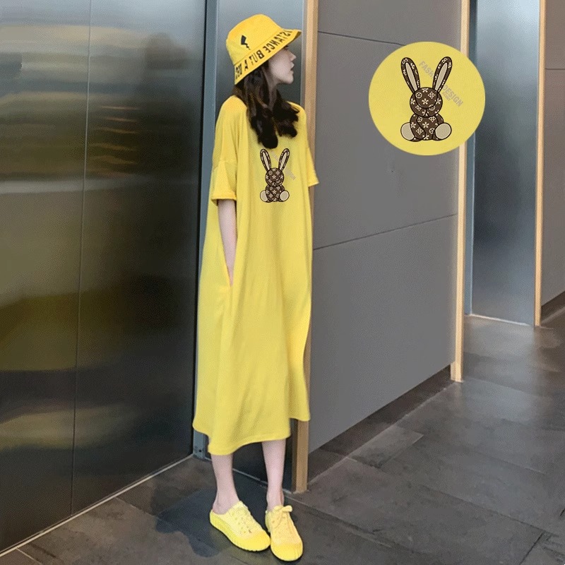 シンプルファッション うさぎモチーフ ロング丈コットンワンピース