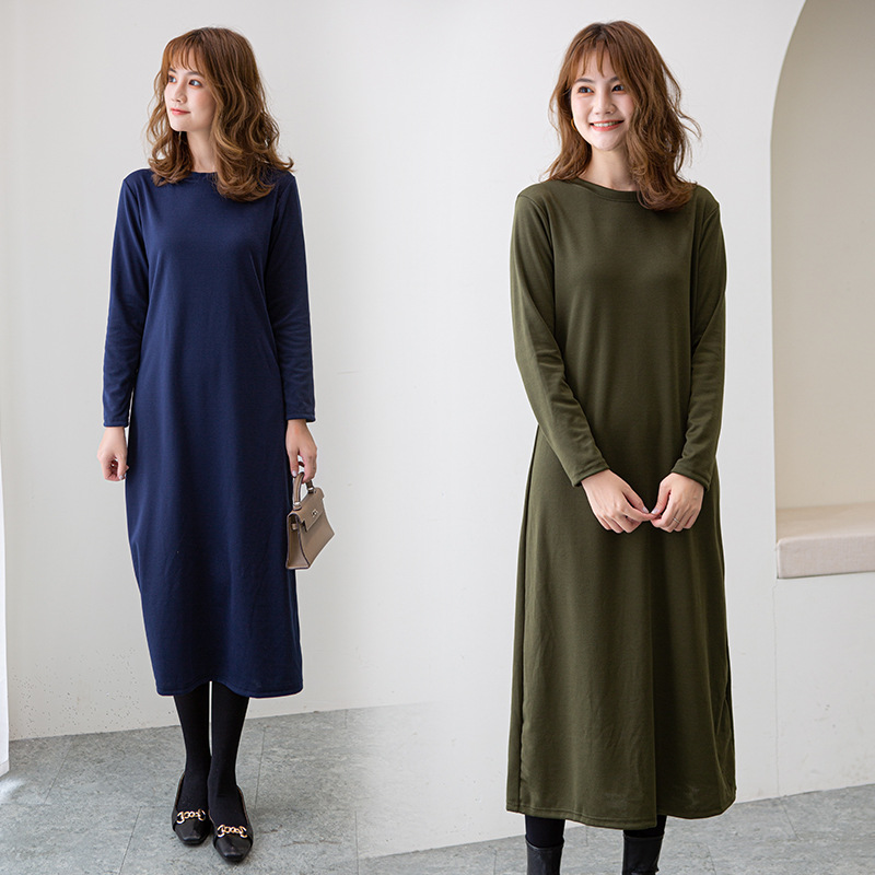 シンプルファッション ゆったりシルエット長袖ロングワンピース