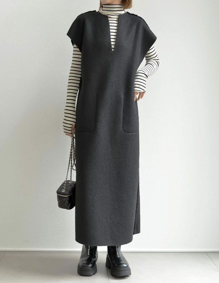 シンプルファッション 秋冬新作 深めのぶいネック ワンピース 無地 体型カバー 着回し抜群