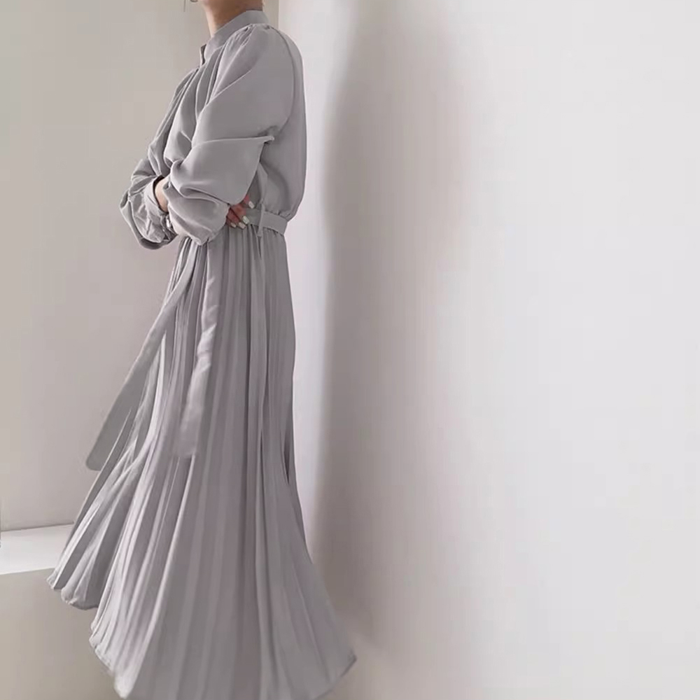 シンプルファッション 長袖プリーツワンピース ウエストリボン付きミディ丈