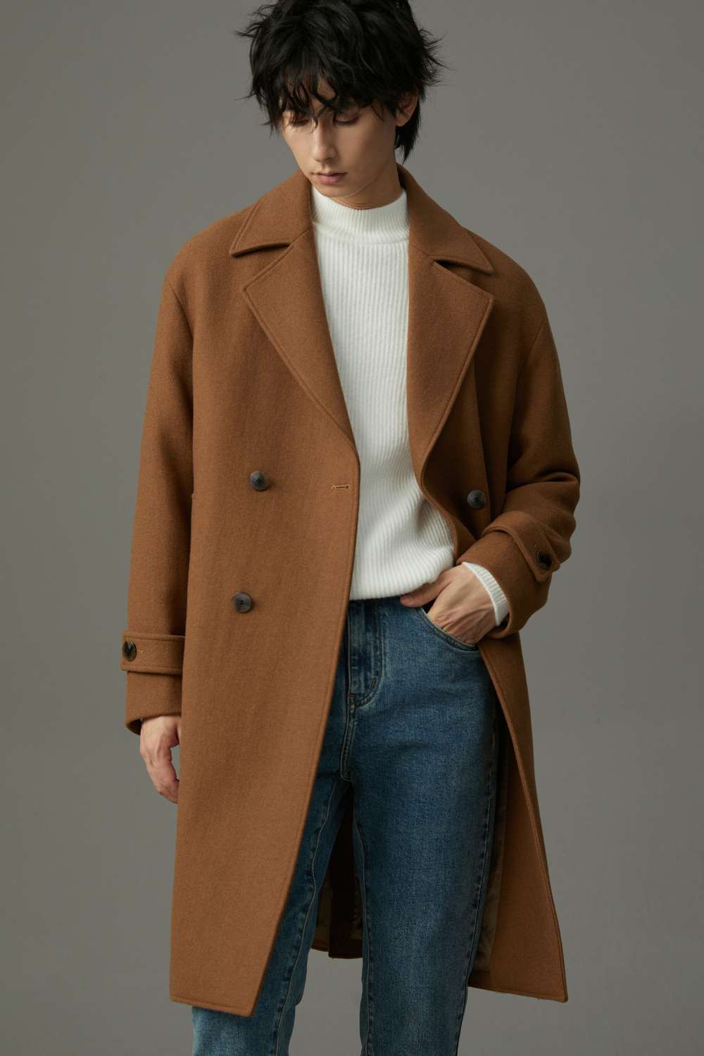 クラシック ダブルブレスト ロングコート シンプルファッション
