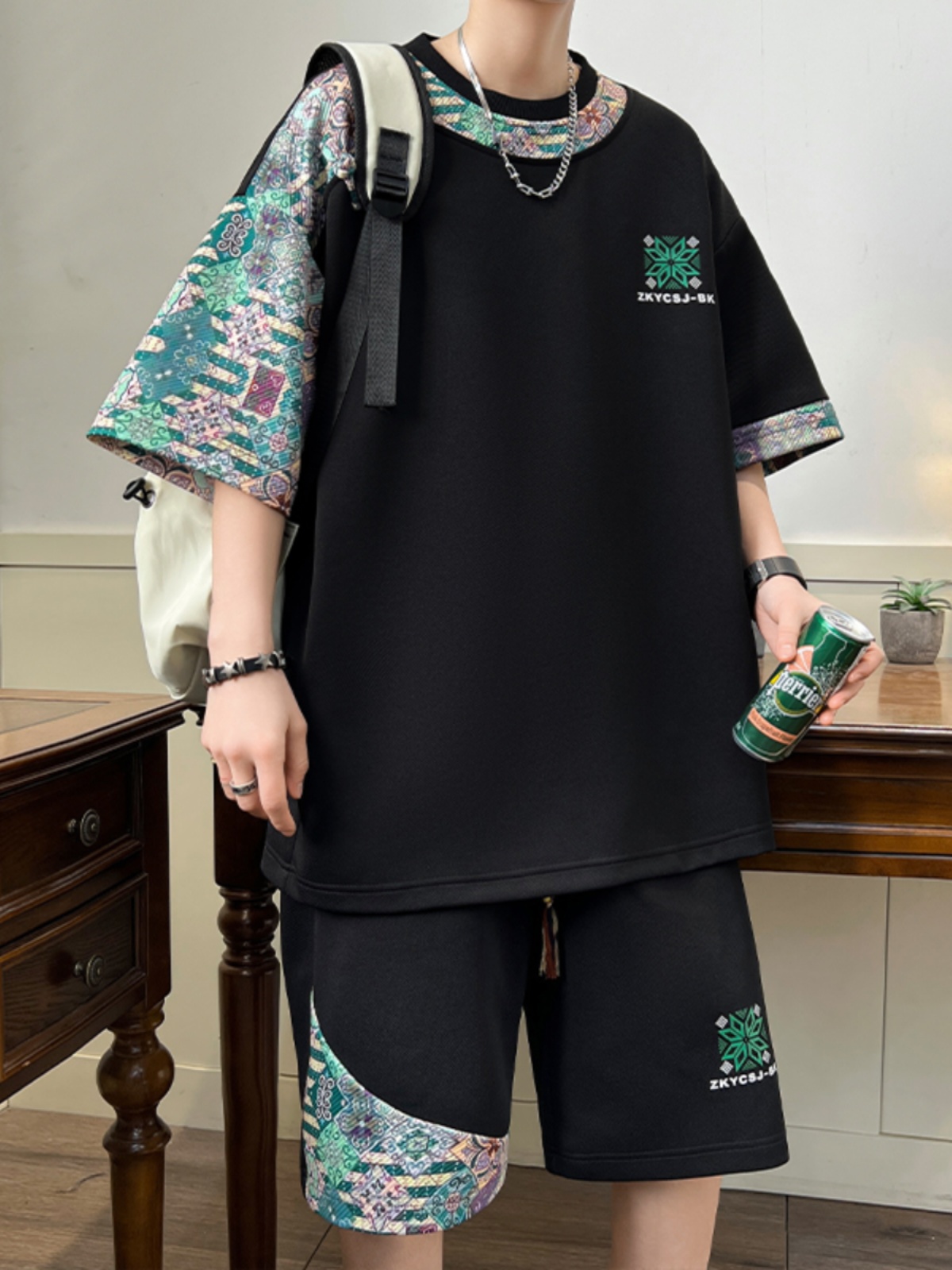 シンプルファッション 和柄切替デザインセットアップ