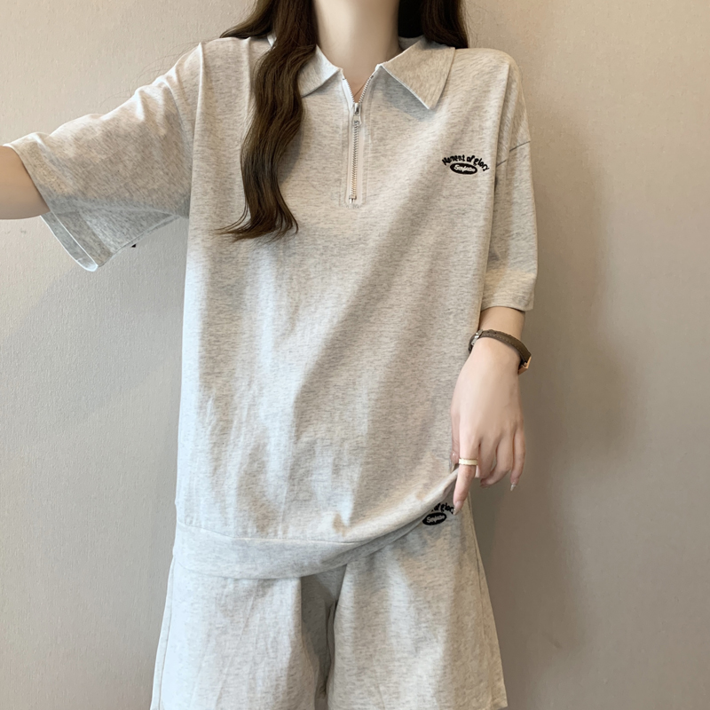 シンプルファッション ハーフジップ襟付きTシャツショートパンツセット
