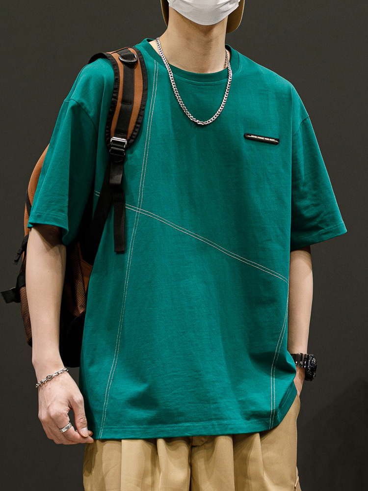 シンプルファッション シルキー素材デザインステッチ半袖Tシャツ