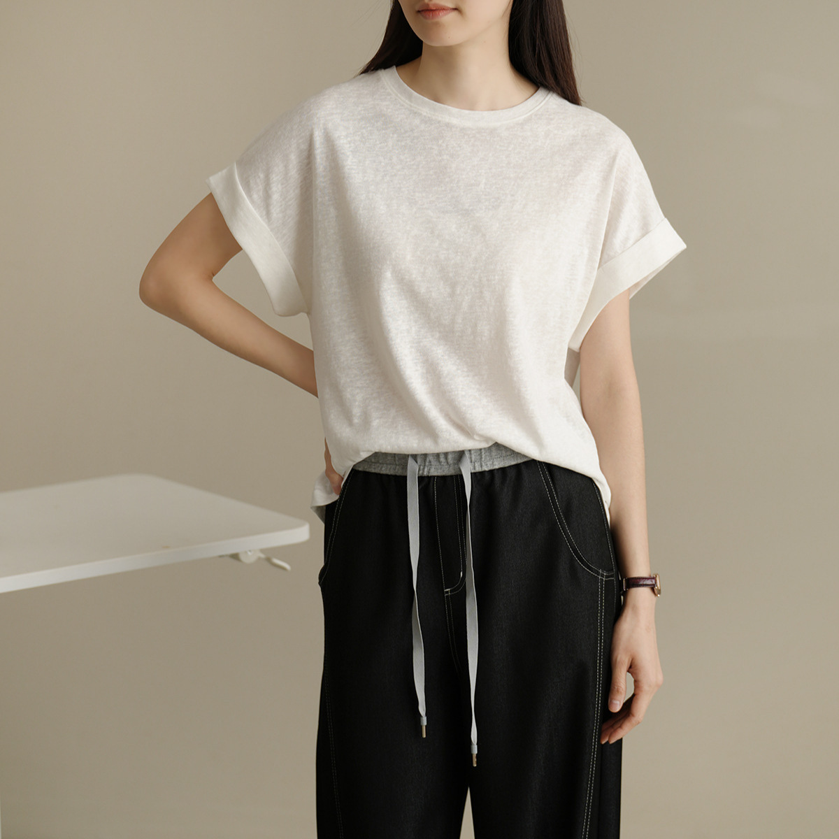 シンプルファッション 麻混素材ドルマン袖リラックスフィットTシャツ