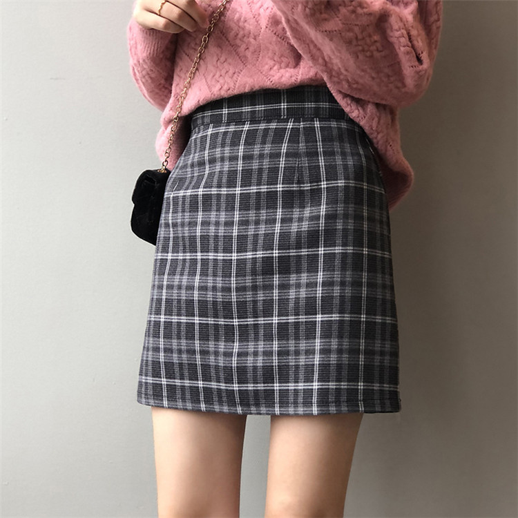 シンプルファッション チェック柄ハイウエストミニスカート秋冬