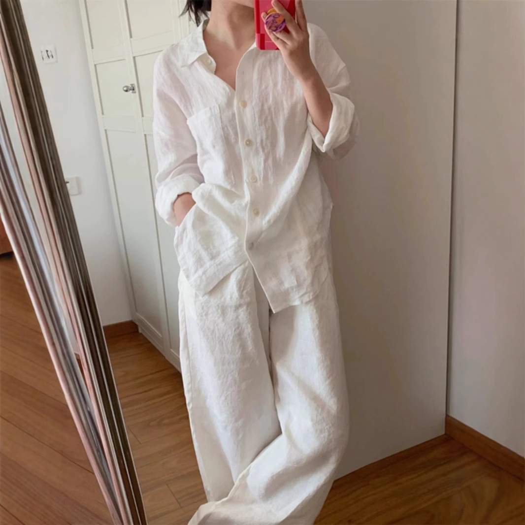 シンプルファッション リネン混紡オーバーサイズシャツ