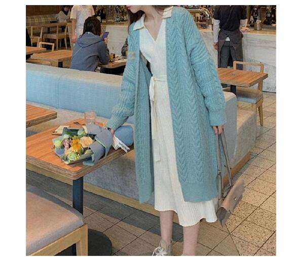 シンプルファッション ケーブル編みロングニットカーディガン