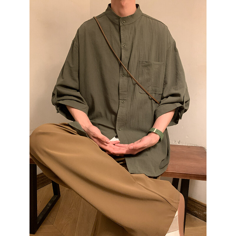 シンプルファッション スタンドカラー麻混紡七分袖シャツ