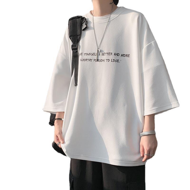 シンプルファッション シルキー素材メッセージプリント七分袖Tシャツ