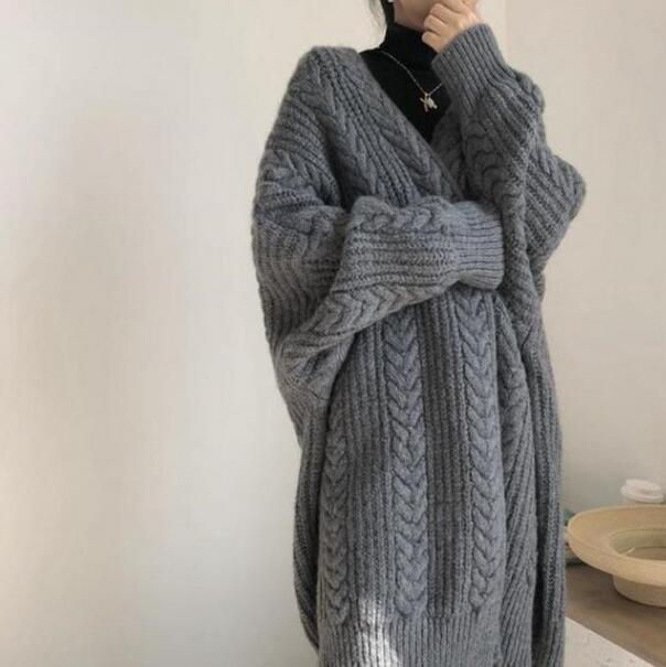 シンプルファッション ケーブル編みロングニットカーディガン