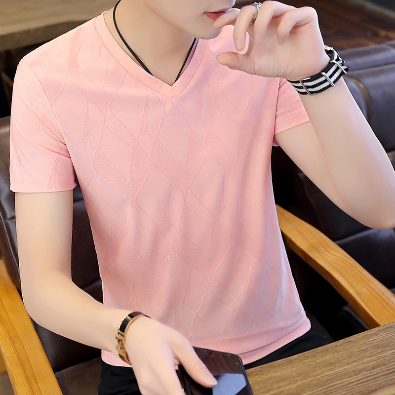 シンプルファッション シルクタッチ模様入りVネック半袖Tシャツ