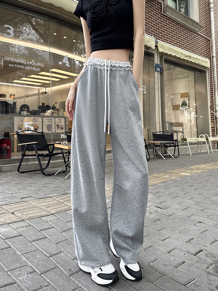 シンプルファッション レース装飾ウエスト ワイドパンツ