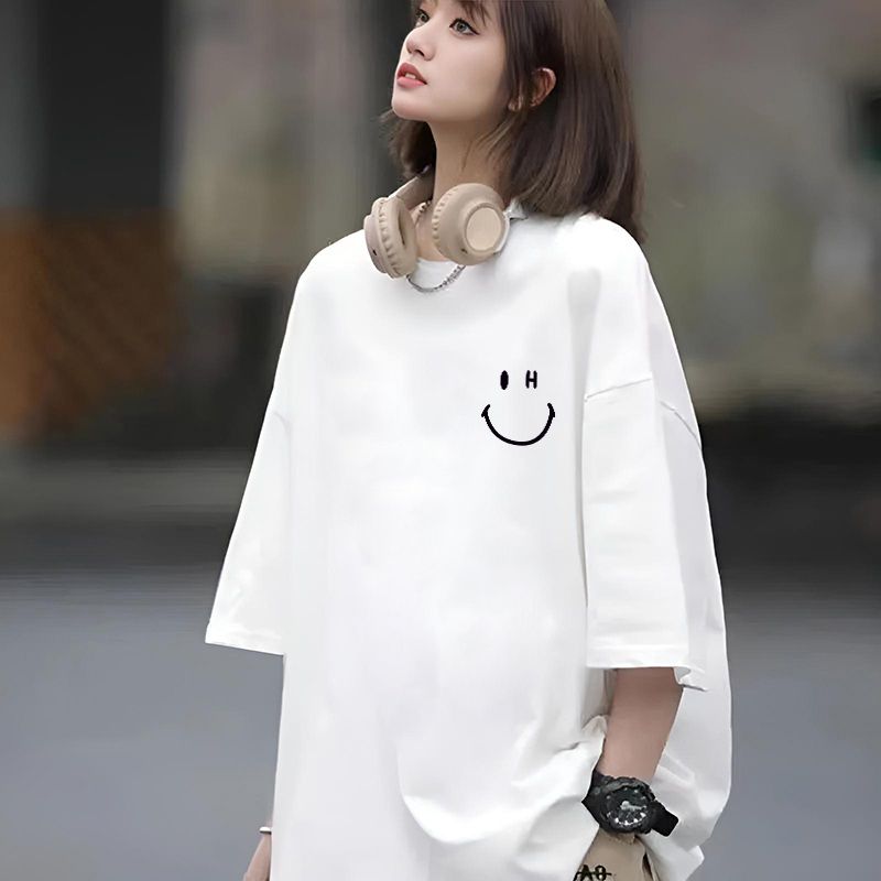シンプルファッション ゆったり五分袖コットンサイドプリントTシャツ
