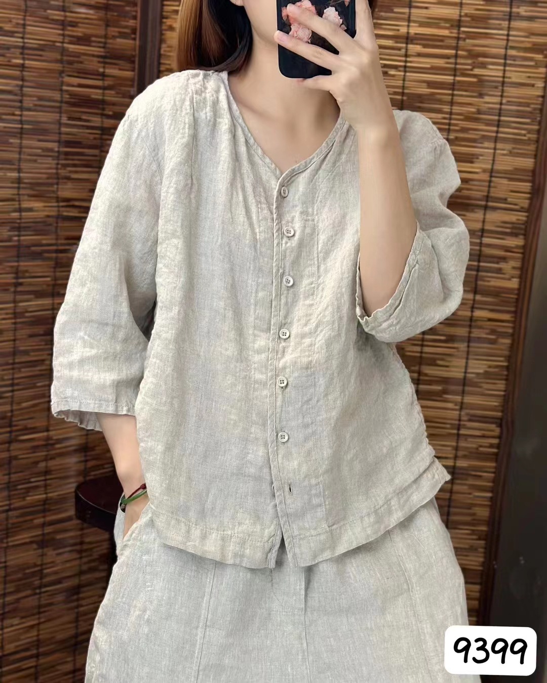 シンプルファッション リネンVネックシャツ 前開きゆったりブラウス