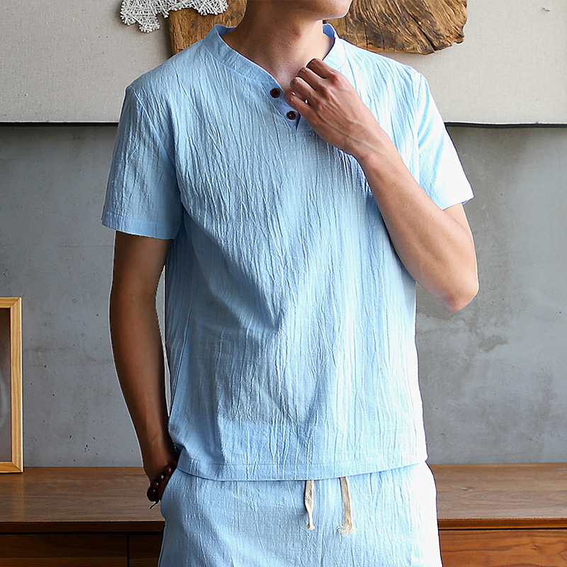 シンプルファッション 綿麻素材ヘンリーネック半袖Tシャツ