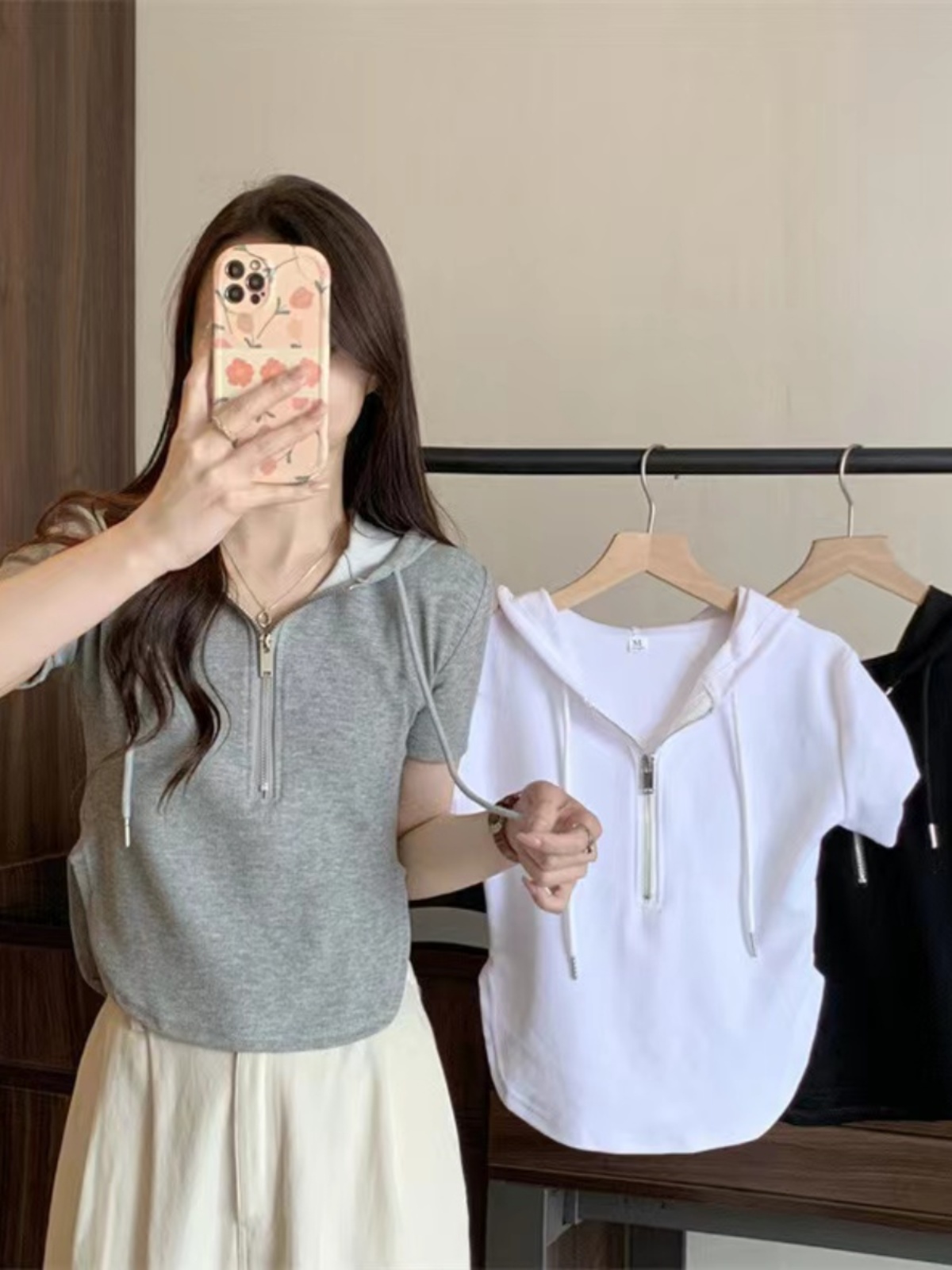 シンプルファッション コンパクトフード付きハーフジップTシャツ