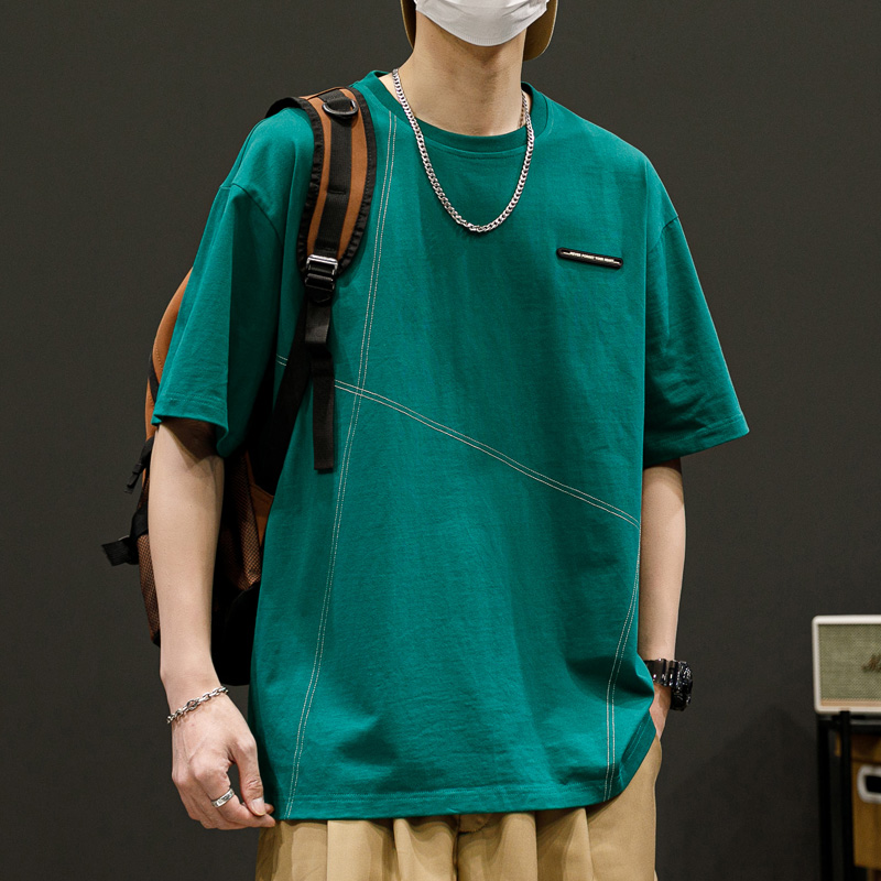 シンプルファッション シルキー素材デザインステッチ半袖Tシャツ