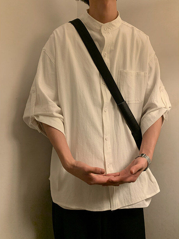 シンプルファッション スタンドカラー麻混紡七分袖シャツ