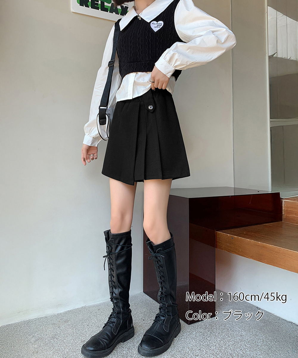 シンプルファッション プリーツキュロットパンツ ウール風 秋冬