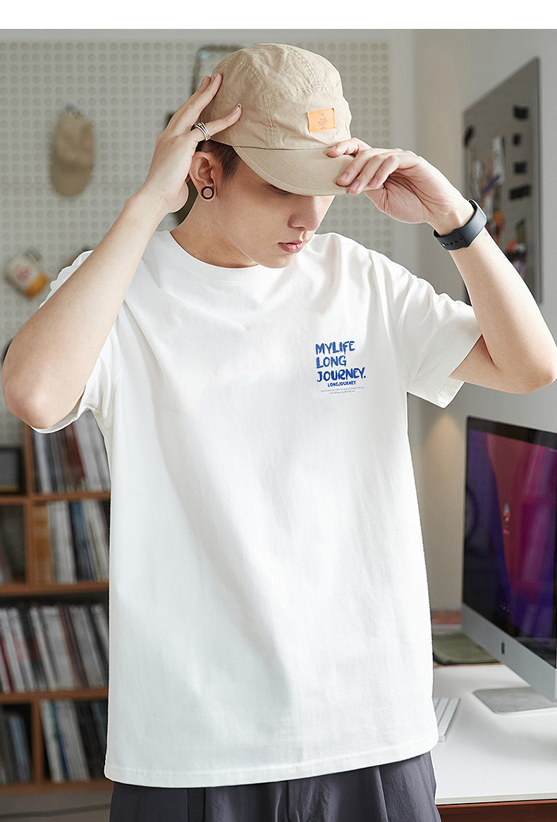 シンプルファッション 胸元メッセージプリント綿素材半袖Tシャツ