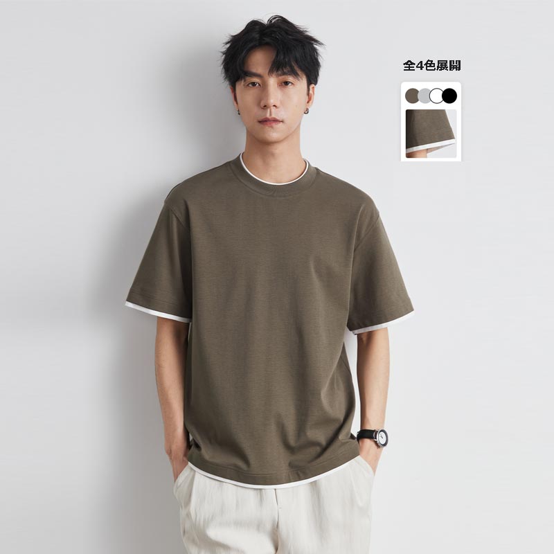 シンプルファッション メンズ 重ね着風半袖丸首衫 夏用無地カットソー