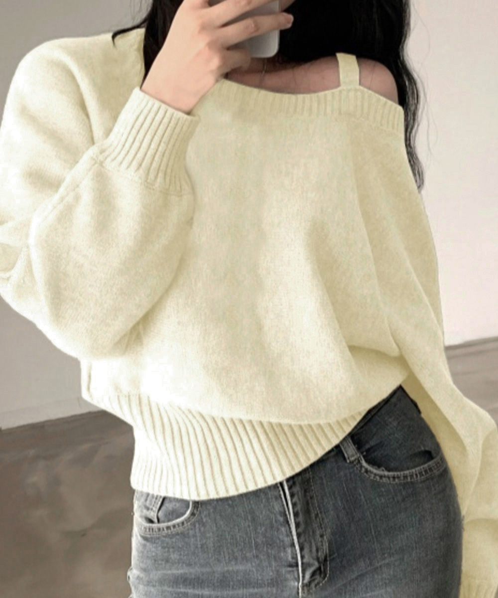 シンプルファッション ワンショルダーニットトップス肩見せ秋冬